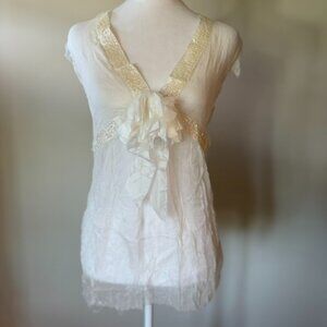 Y2K Coquette White Sheer Silk Sequin Flower Puff Women's Summer Silk Blouse NWT